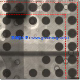 BGA錫球尺寸小于0.4mm，采用降低BGA內圍襲球的錫膏量所得到X-Ray，稍微留意一下可以發(fā)現(xiàn)最外圈的錫量(圓的直徑)比其他內圍的錫球上的錫量來得多一點點。也就是外圈的黑色圓形直徑比內圈的圓形來得大一點點。