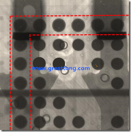 BGA錫球尺寸小于0.4mm，采用降低BGA內圍襲球的錫膏量所得到X-Ray，稍微留意一下可以發(fā)現(xiàn)最外圈的錫量(圓的直徑)比其他內圍的錫球上的錫量來得多一點點。也就是外圈的黑色圓形直徑比內圈的圓形來得大一點點。