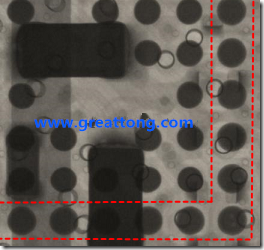 BGA錫球尺寸小于0.4mm，采用降低BGA內圍襲球的錫膏量所得到X-Ray，稍微留意一下可以發(fā)現(xiàn)最外圈的錫量(圓的直徑)比其他內圍的錫球上的錫量來得多一點點。也就是外圈的黑色圓形直徑比內圈的圓形來得大一點點。