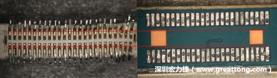 把板對(duì)板連接器與其電路板的佈線(xiàn)焊墊作一個(gè)比較，端子的切斷面有毛邊的地方剛好對(duì)到了裸銅區(qū)。