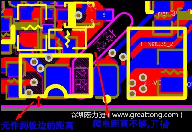 如果碰到模塊PCB空間有限，爬電距離不夠，可以采用開(kāi)槽的方式