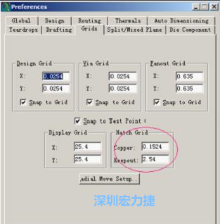  改銅皮的填充網(wǎng)格Global→Design Units，填充方向Drafting→Direction；Hatch Grid中Copper此數(shù)值為大銅箔中所填充的線條中心到中心的距離。