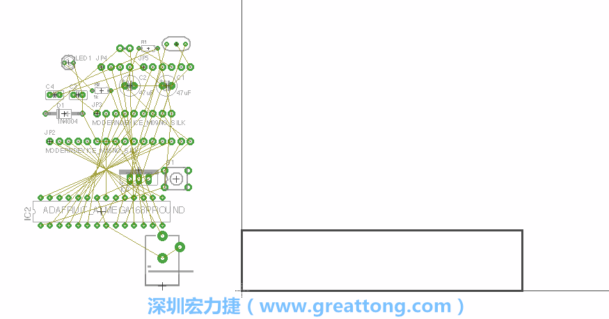 第一次執(zhí)行布線(xiàn)編輯器時(shí)，你會(huì)發(fā)現(xiàn)有兩個(gè)區(qū)塊，左邊的區(qū)塊非?；靵y，而右邊的區(qū)塊則是一個(gè)長(zhǎng)方形的工作區(qū)域，EAGLE免費(fèi)版會(huì)限制你的工作區(qū)域在4” x 3.2”的范圍內(nèi)，如果你試圖將元件擺放在工作區(qū)外的話(huà)，就會(huì)跳出警示訊息。