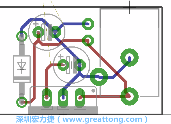接地連結(jié)點(diǎn)的布線(xiàn)情形如下圖所示，利用這個(gè)練習(xí)來(lái)避免電路連線(xiàn)銳角化的產(chǎn)生是一個(gè)不錯(cuò)的選擇，你可以在工具列中的彎曲線(xiàn)路（Wire Bend）選項(xiàng)里改變各種布線(xiàn)的變化。