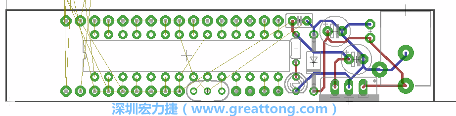 將ATmega微控制器、三個(gè)GPIO排針（JP2, JP3, JP4）和諧振器（resonator）排置如上圖所示。