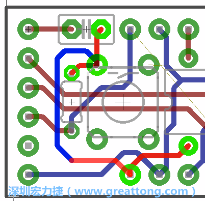 為了要?jiǎng)?chuàng)造一個(gè)電路通道，首先要先點(diǎn)擊重置開(kāi)關(guān)的連結(jié)點(diǎn)進(jìn)行布線(xiàn)，在電路板的背面繪制線(xiàn)路直到其它線(xiàn)路前的乾淨(jìng)區(qū)域。