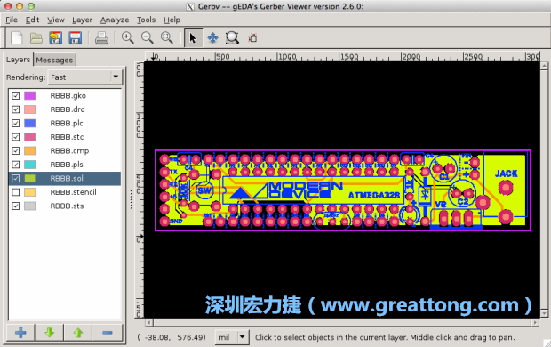 將圖層匯入你的Gerber預覽工具內（下圖為Gerbv），我通常會從上到下重新排列它們的順序，好讓我比較好校對：